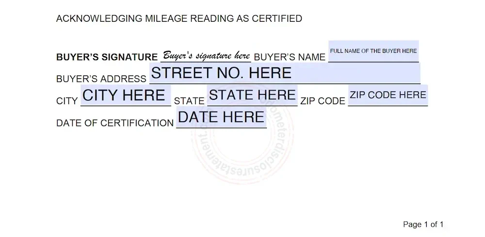 Photo of a Colorado Odometer Disclosure Statement Form Section