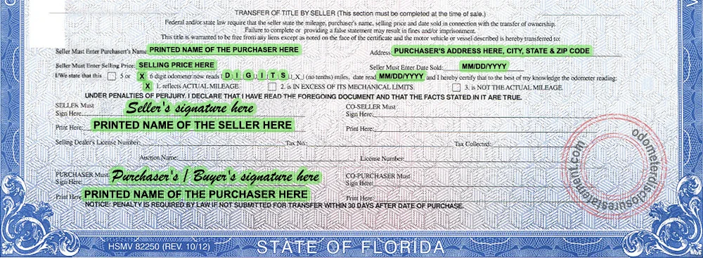 Photo of a Florida Certificate of Title section