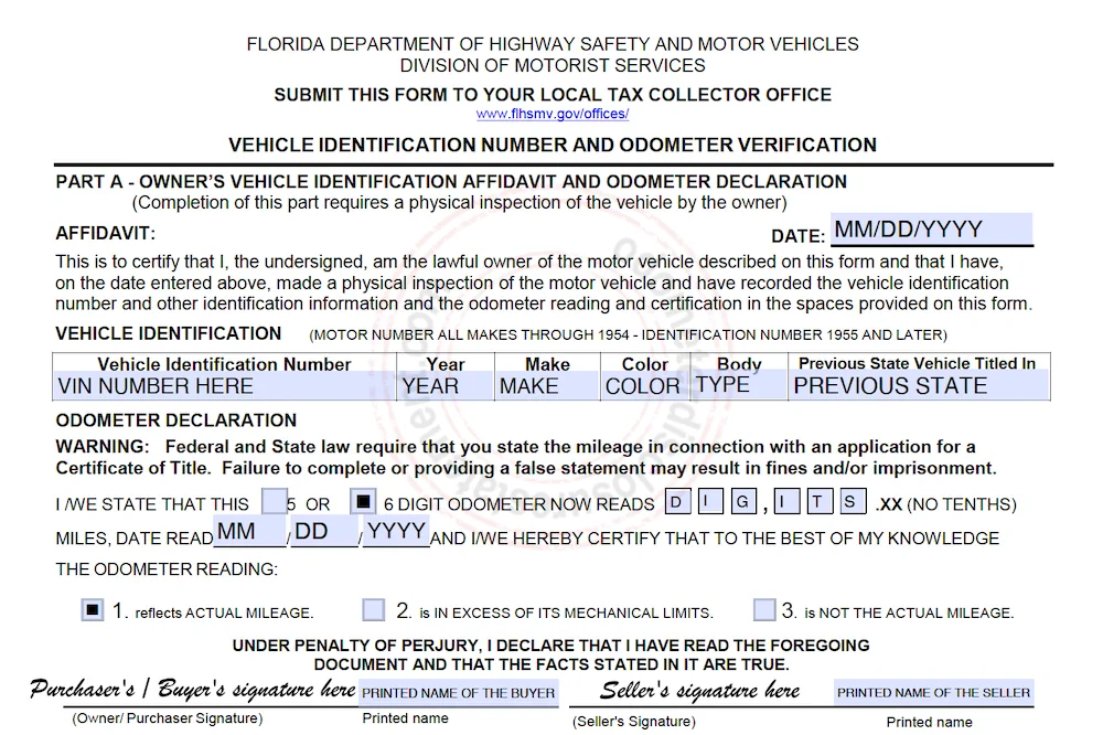 Photo of a Florida Vehicle Identification Number And Odometer Verification form part