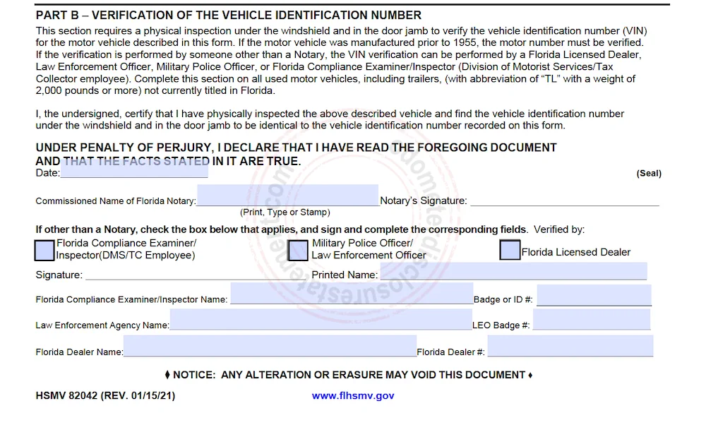 Photo of a Florida Vehicle Identification Number And Odometer Verification form part