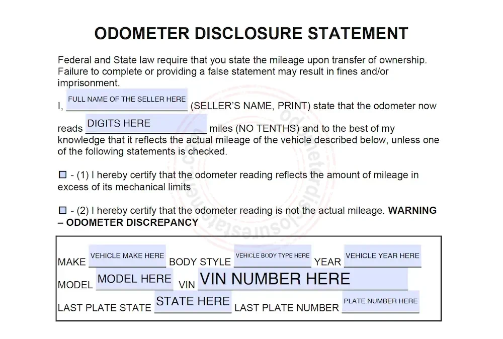 Photo of a Generic Federal Odometer Disclosure Statement Form Section