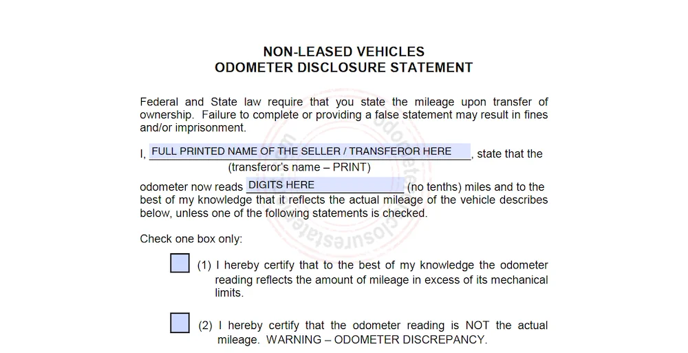 Photo of a Georgia Odometer Disclosure Statement form section