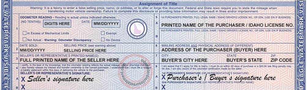 Photo of Idaho Certificate of Title section