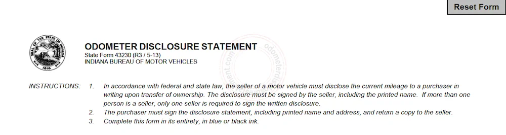Photo of an Indiana Odometer Disclosure Statement form section