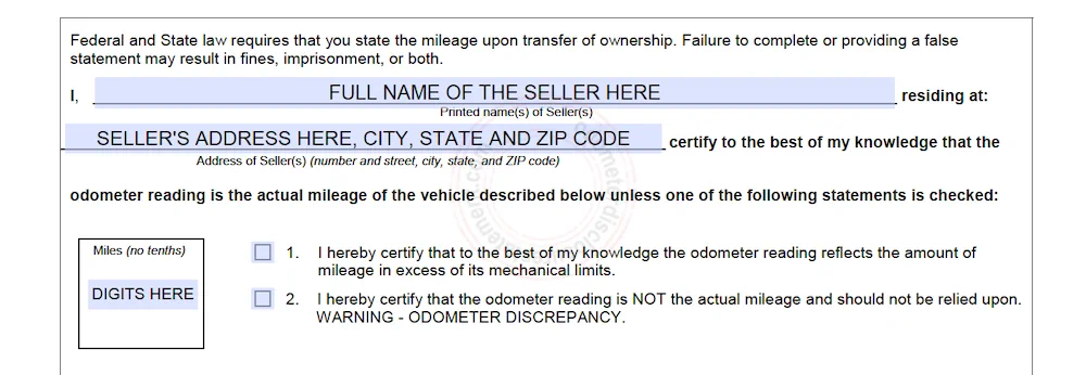 Photo of an Indiana Odometer Disclosure Statement form section
