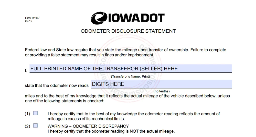 Photo of an Iowa Odometer Disclosure Statement Form Section