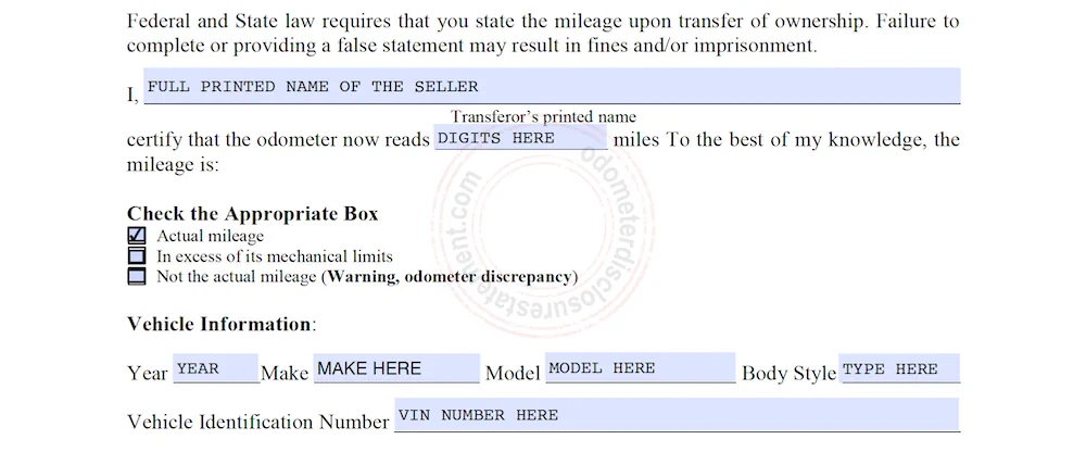 Photo of the Kansas Odometer Disclosure Statement Form TR-59 section