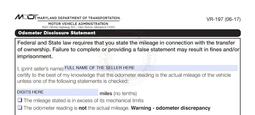 Photo of a Maryland Odometer Disclosure Statement form section