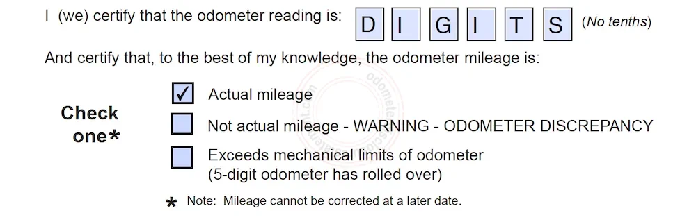 Photo of a Michigan Odometer Disclosure Statement form section