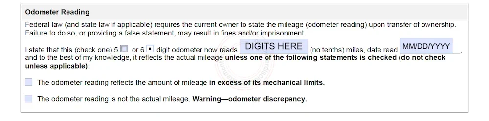 Photo of Montana Odometer Disclosure Statement form section