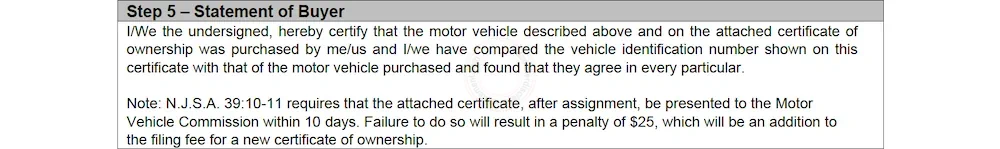 Photo of New Jersey Odometer Disclosure Statement form