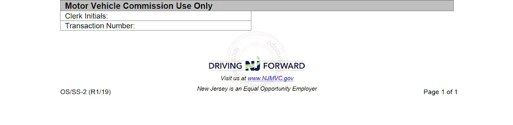 Photo of New Jersey Odometer Disclosure Statement form