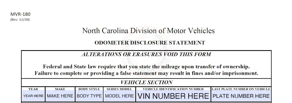 Photo of North Carolina Odometer Disclosure Statement form
