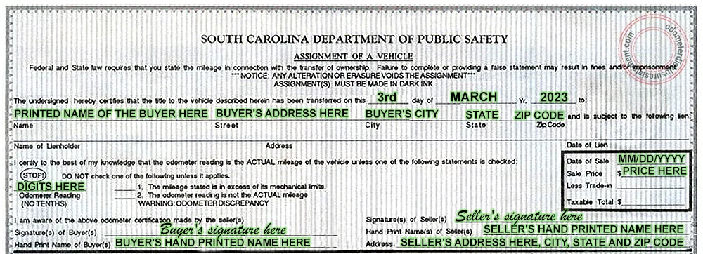 Photo of a South Carolina Certificate of Title section