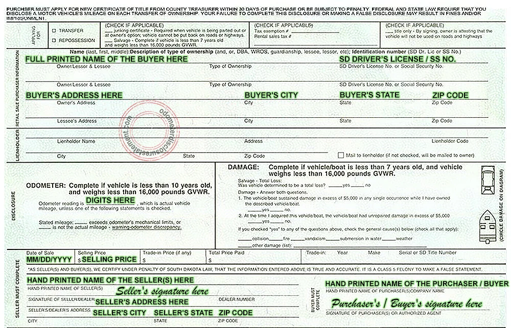 Photo of a South Dakota Certificate of Title section
