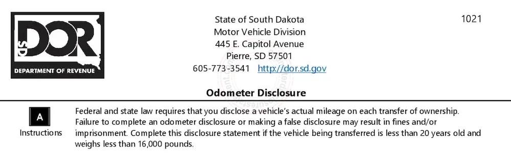 Photo of South Dakota Odometer Disclosure Statement form section