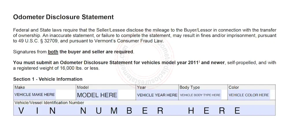 Photo of Vermont Odometer Disclosure Statement form