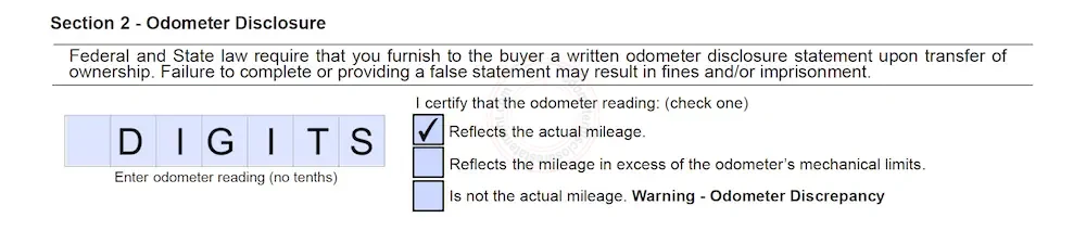 Photo of Vermont Odometer Disclosure Statement form