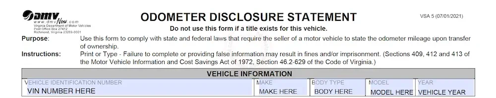 Photo of Virginia Odometer Disclosure Statement form section