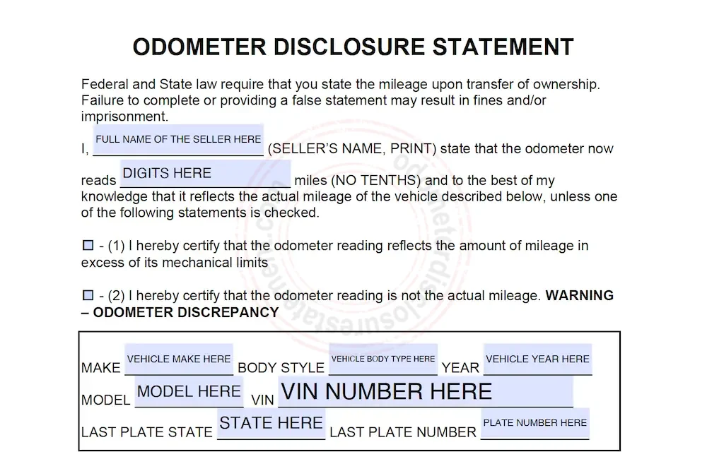 Photo of a Washington D.C. Odometer Disclosure Statement Form Section