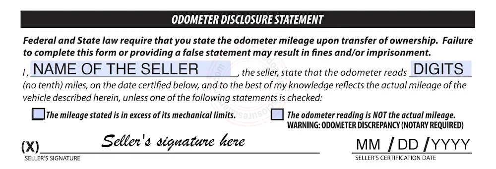 Photo of West Virginia Odometer Disclosure Statement form section